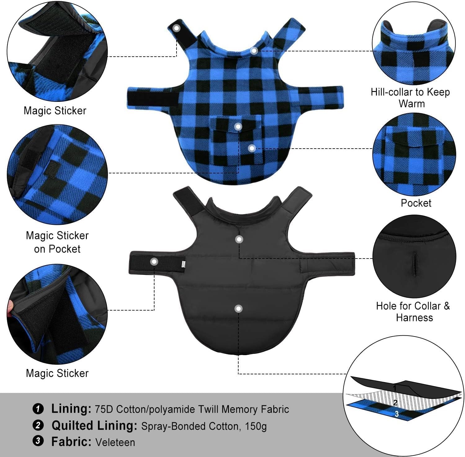 ASENKU dog winter coat plaid back pocket highlights convenient storage during outings.