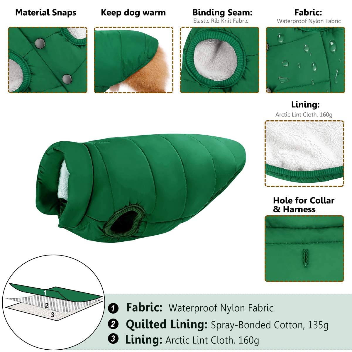ASENKU dog winter coat stand collar adds warmth and wind protection.