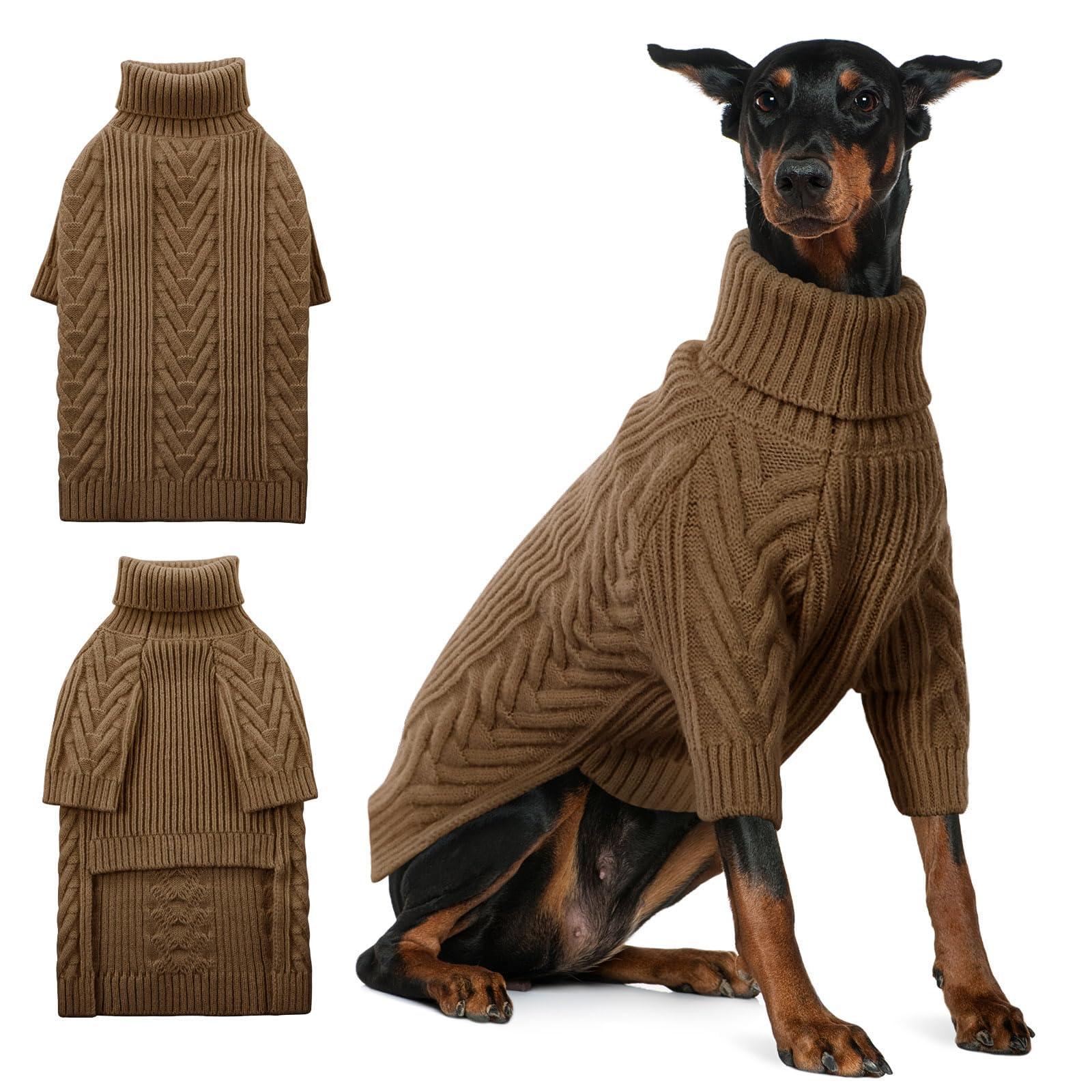 ASENKU extra-large dog sweater front view in coffee for cold walks.