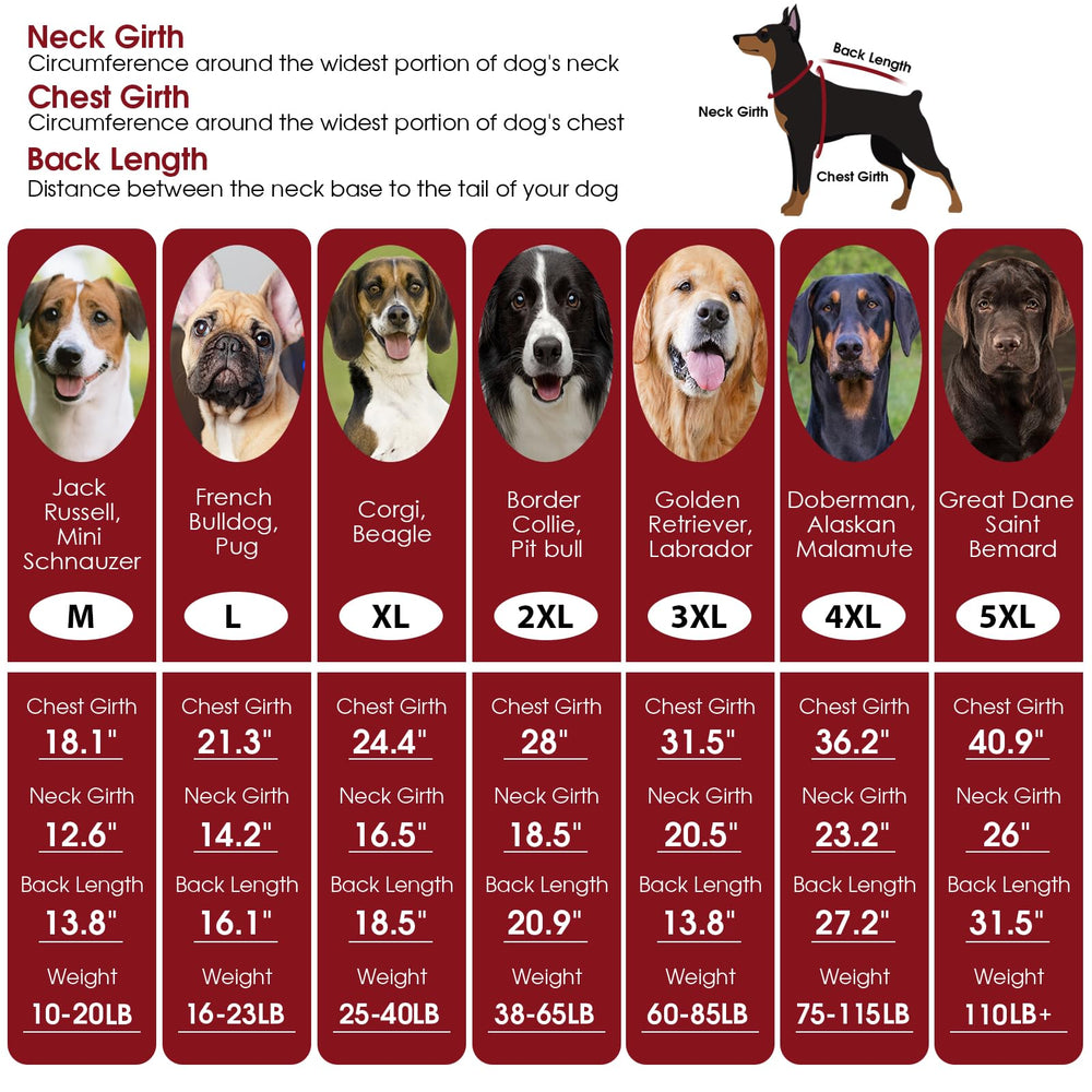 ASENKU knitted dog sweater size chart illustrates fit guidance for varied breeds.