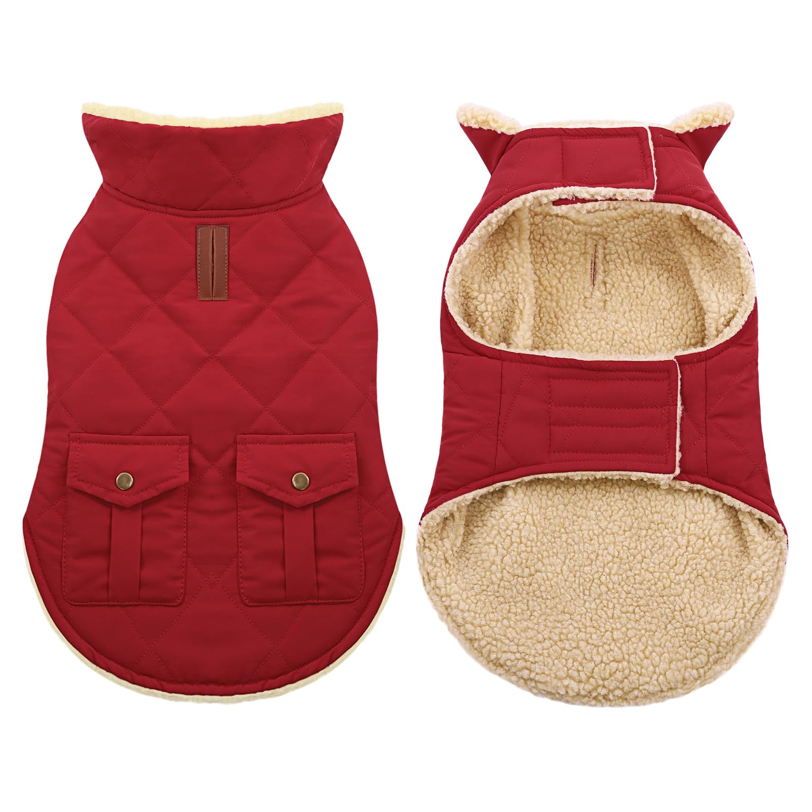 ASENKU warm dog winter coat red back view showing snug fit for chilly hikes.