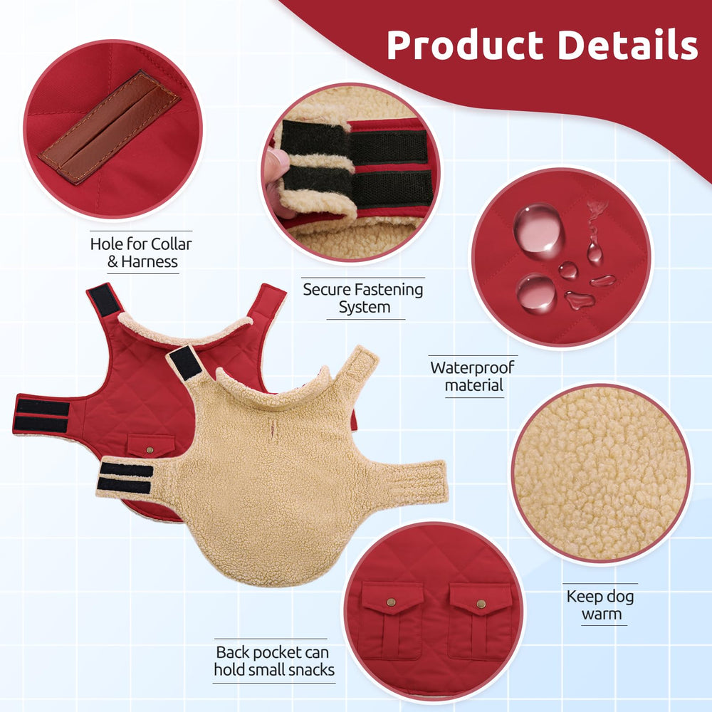 ASENKU warm dog winter coat red leash-hole detail ideal for strolls with harness.