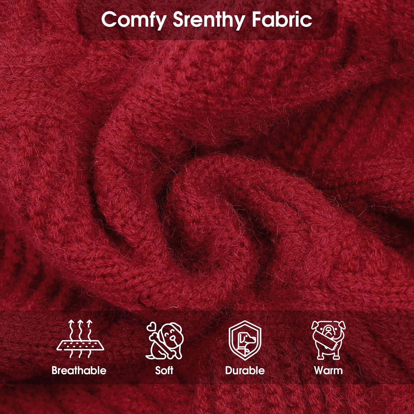 ASENKU XXXL dog sweater knit-cable detail on rich red fabric.