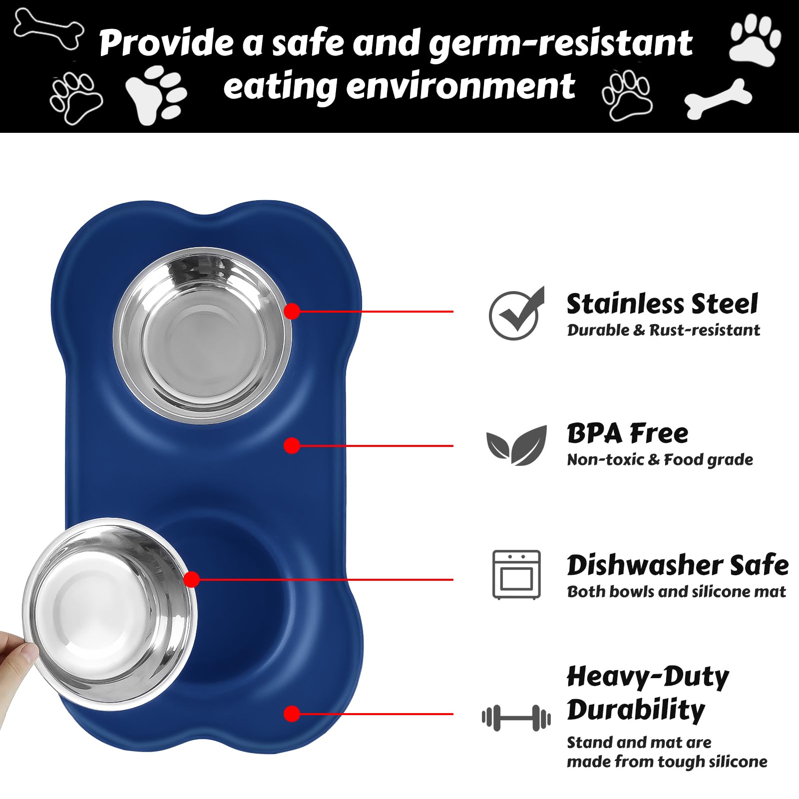 AsFrost plato de acero inoxidable grande para perros azules útiles para comidas abundantes
