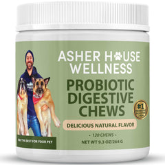 Asher House Wellness probiotics dog chews bottle close-up showing tasty flavor and gut support.