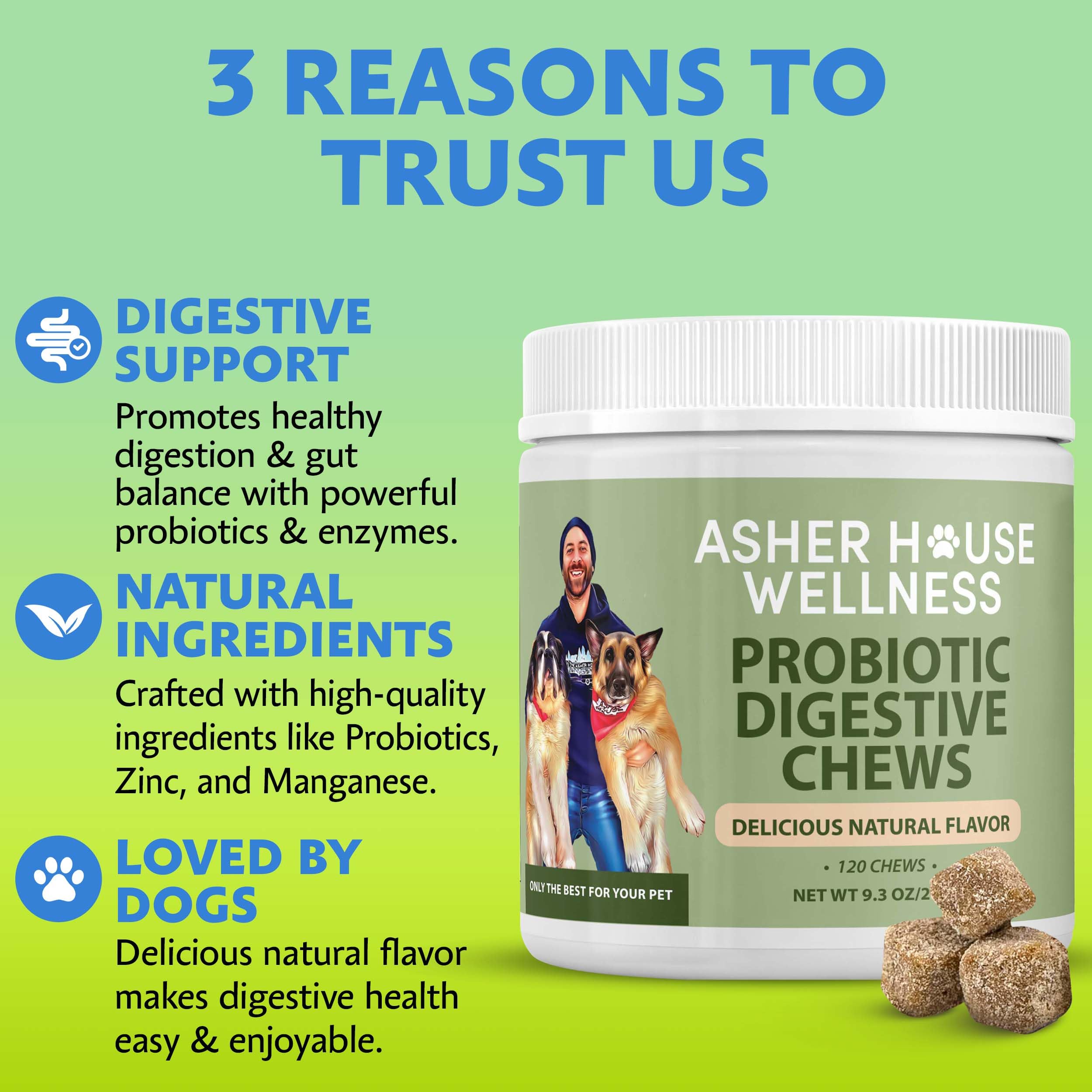 Asher House Wellness probiotics dog chews crumble into food for easy daily use.