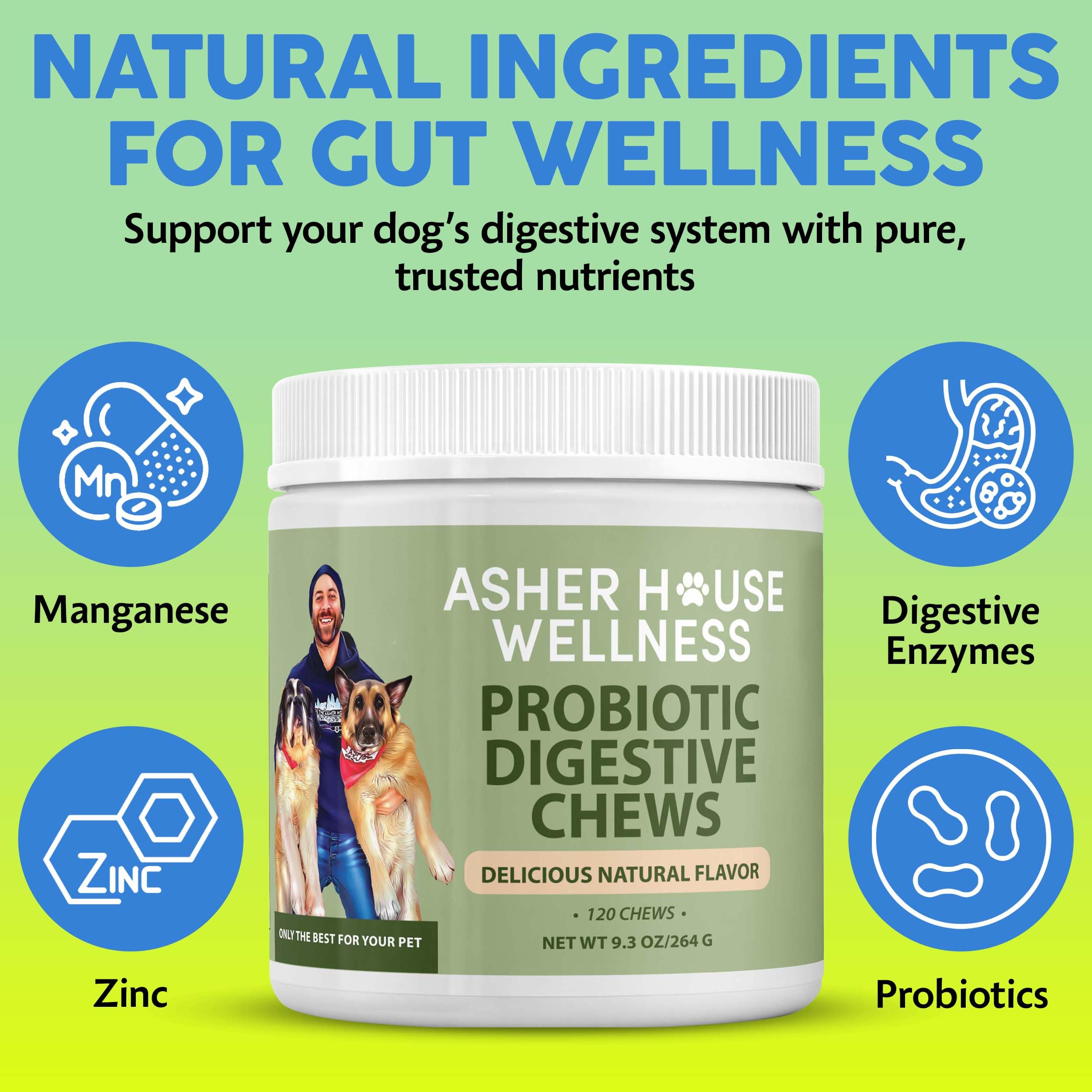 Asher House Wellness probiotics dog chews supports itchy skin relief and allergy comfort.