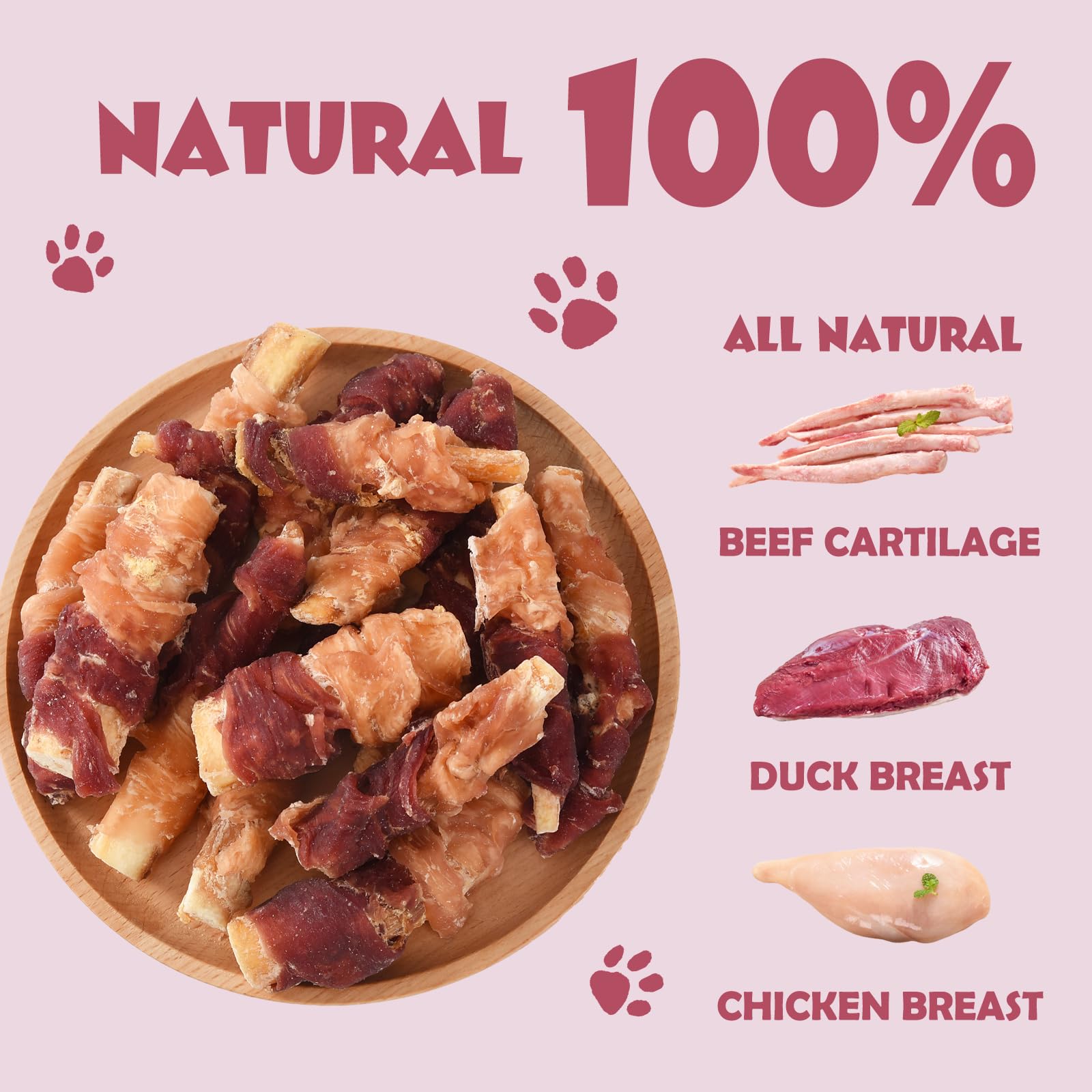 ASMPET bones chicken duck wrapped beef cartilage closeup highlights real meat ingredients and texture