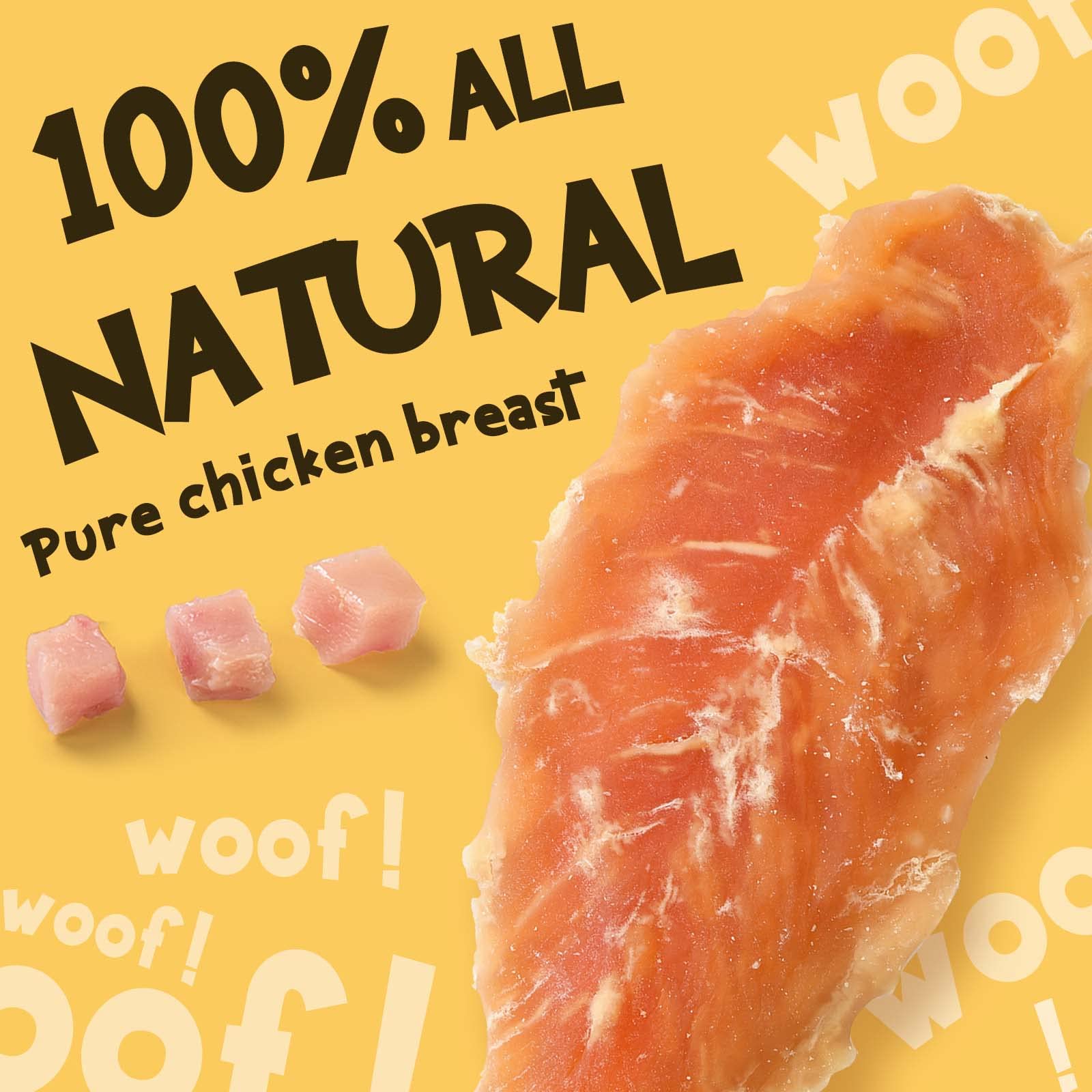 ASMPET chicken jerky bite piece close-up highlights chewy texture for satisfying snack.
