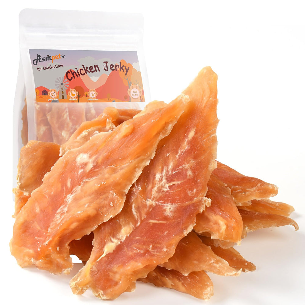 ASMPET dog chicken jerky packaging image shows premium single-ingredient treat for training.