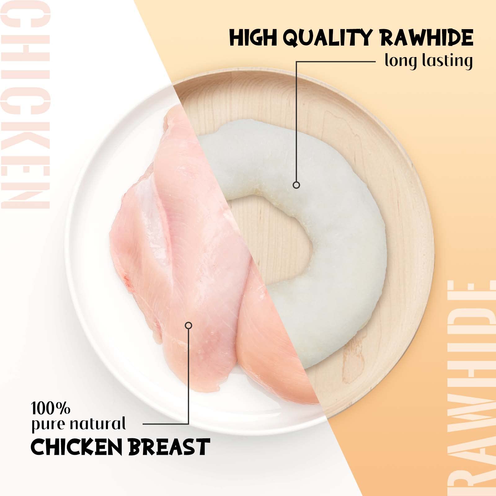 ASMPET chicken-wrapped rawhide donuts close-up, showcasing long-lasting chewing appeal.