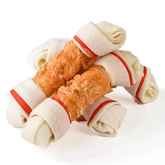 ASMPET dog treats packaging: 6.5-inch chicken-wrapped rawhide knotted bones for long-lasting chewing.