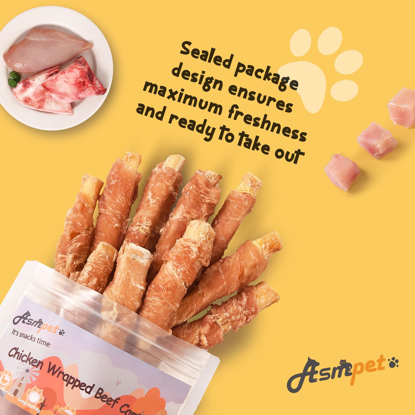 ASMPET outdoor-ready treats shown during walk-time for on-the-go rewards.