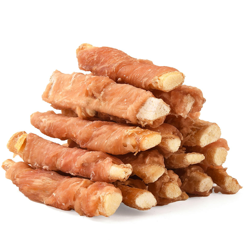 ASMPET dog treats chicken wrapped beef cartilage pack in resealable bag for easy storage.