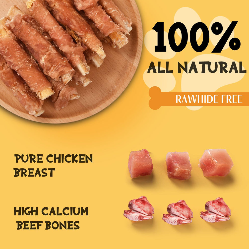 ASMPET chicken wrapped beef cartilage snack close-up showing protein-rich chew for dogs.