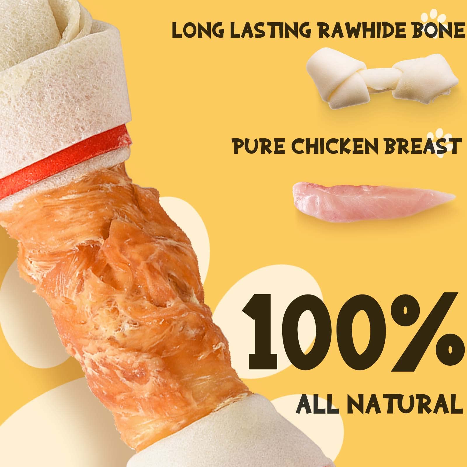 ASMPET dog treats ingredients close-up: chicken breast and rawhide support tasty, protein-rich chews.
