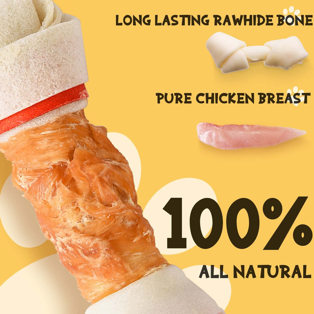 ASMPET dog treats ingredients close-up: chicken breast and rawhide support tasty, protein-rich chews.