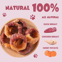 ASMPET donut batata dulce envuelto en pato, opción sabrosa para meriendas.