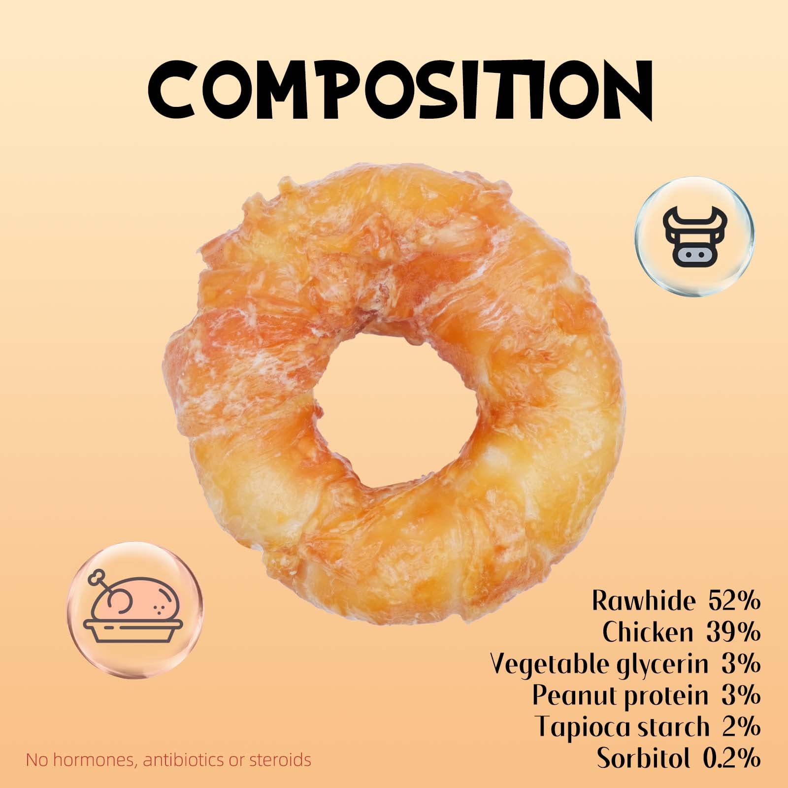 ASMPET donut treats highlight natural beefhide texture and collagen-rich surface for dogs.
