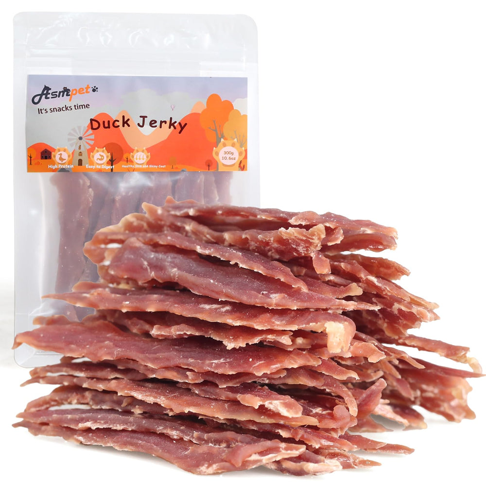 ASMPET duck jerky packaging shows protein-rich snack for dogs