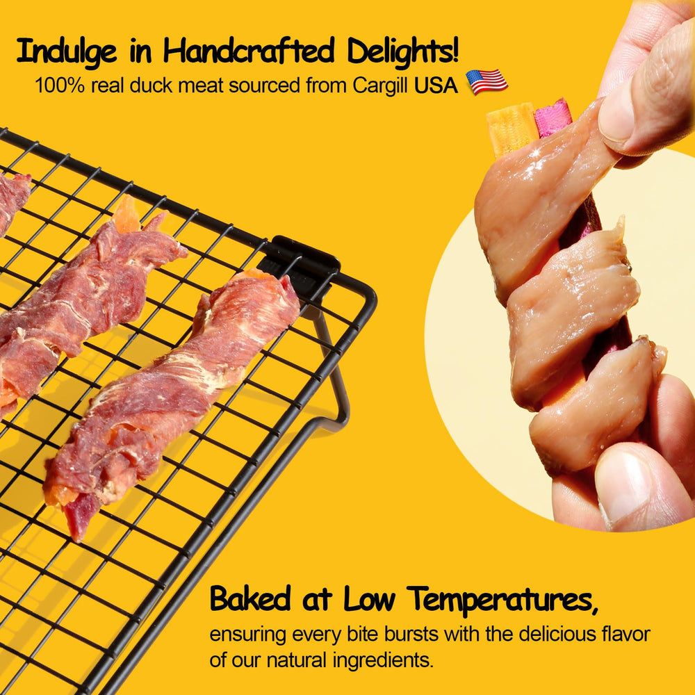 ASMPET Duck Wrapped Sweet Potato Treats closeup emphasizing real duck meat flavor and protein-rich nutrition.