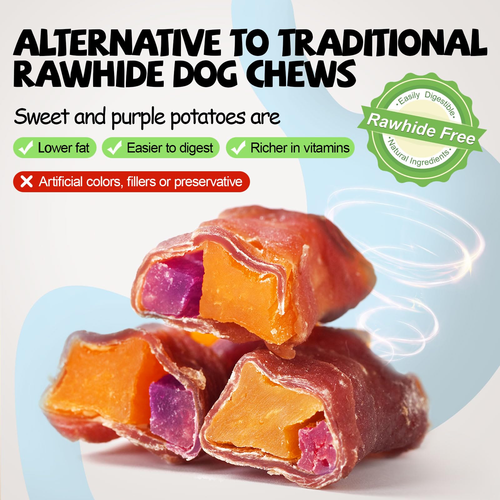 ASMPET Purple Sweet Potato Duck Wrapped Treats detail exposing fiber-rich center for gut health.