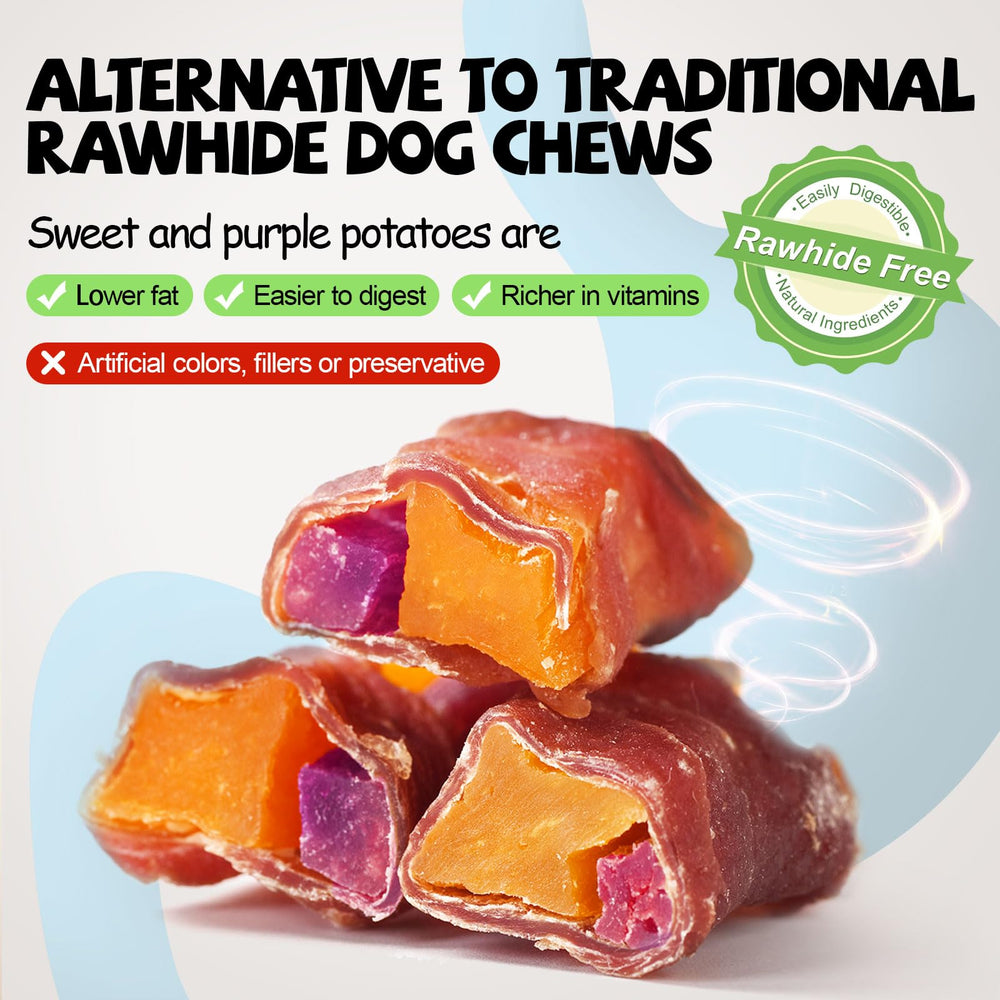 ASMPET Purple Sweet Potato Duck Wrapped Treats detail exposing fiber-rich center for gut health.