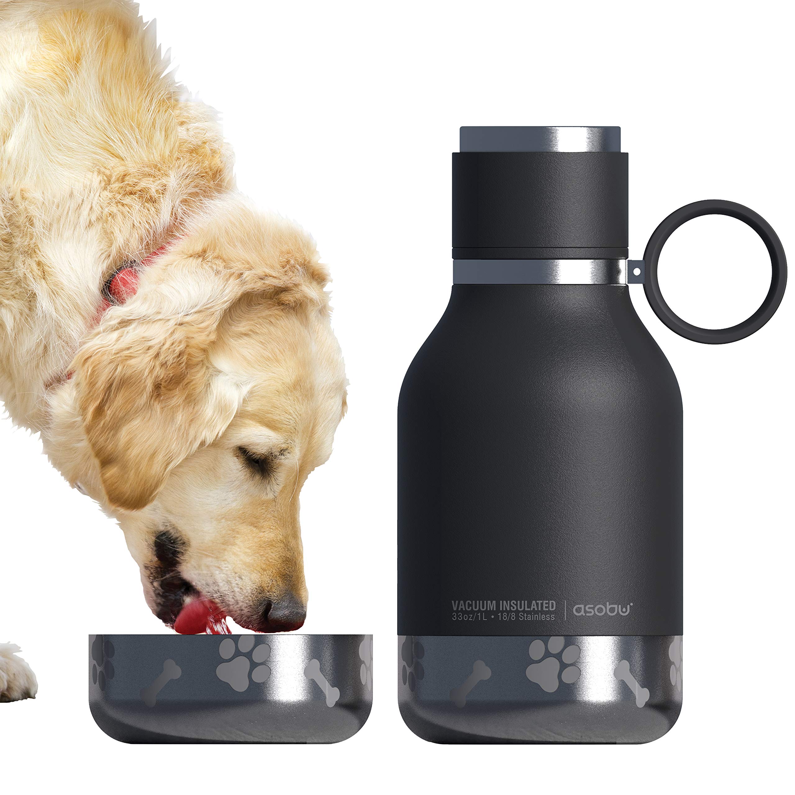 asobu Buddy Bottle full view: black 37oz with integrated dog bowl for on-the-go hydration