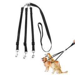 ASOCEA 3-way dog leash setup demonstrates adjustable lengths for two or three dogs.