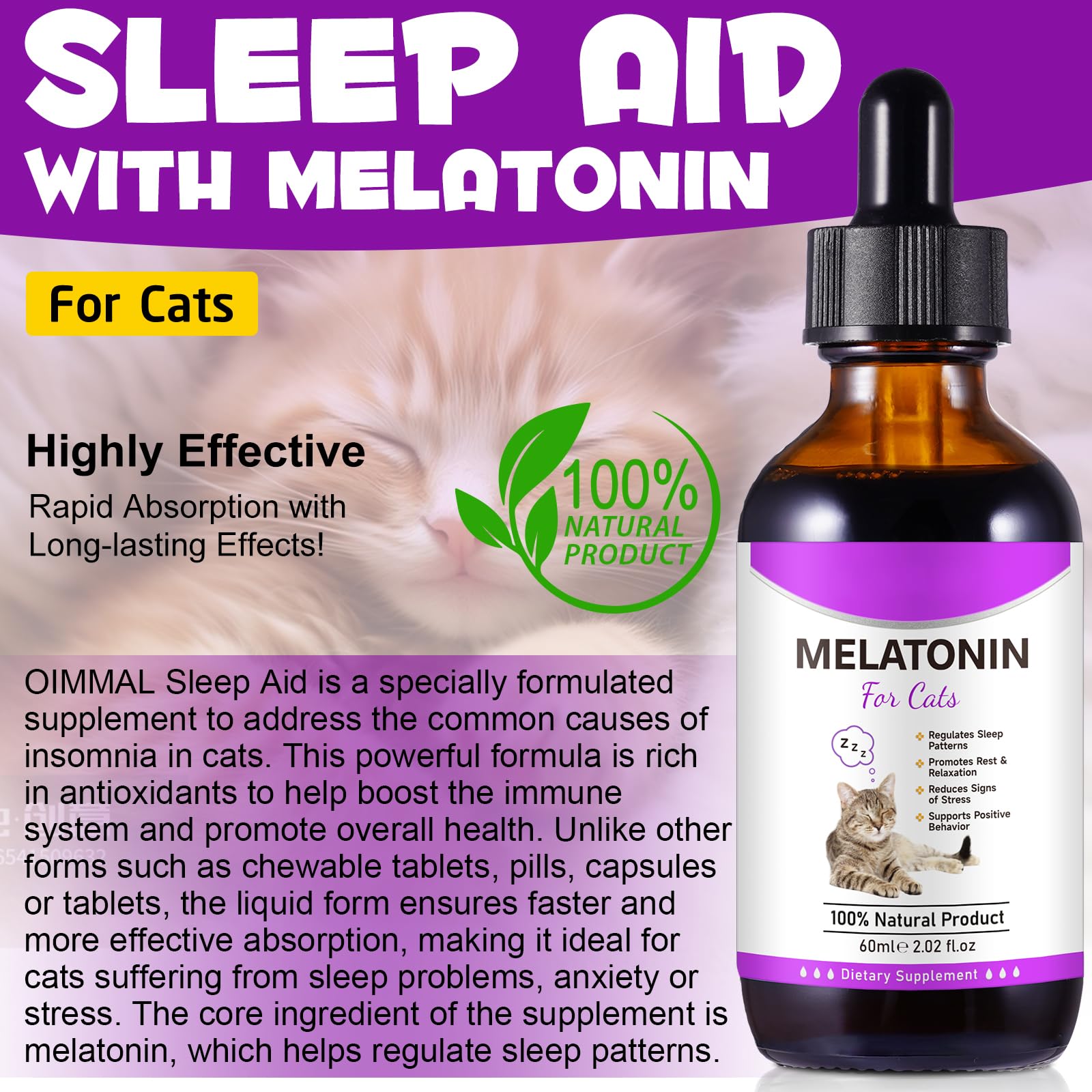 Asusxcli Melatonin for Cats dose with food or water for simple serving.