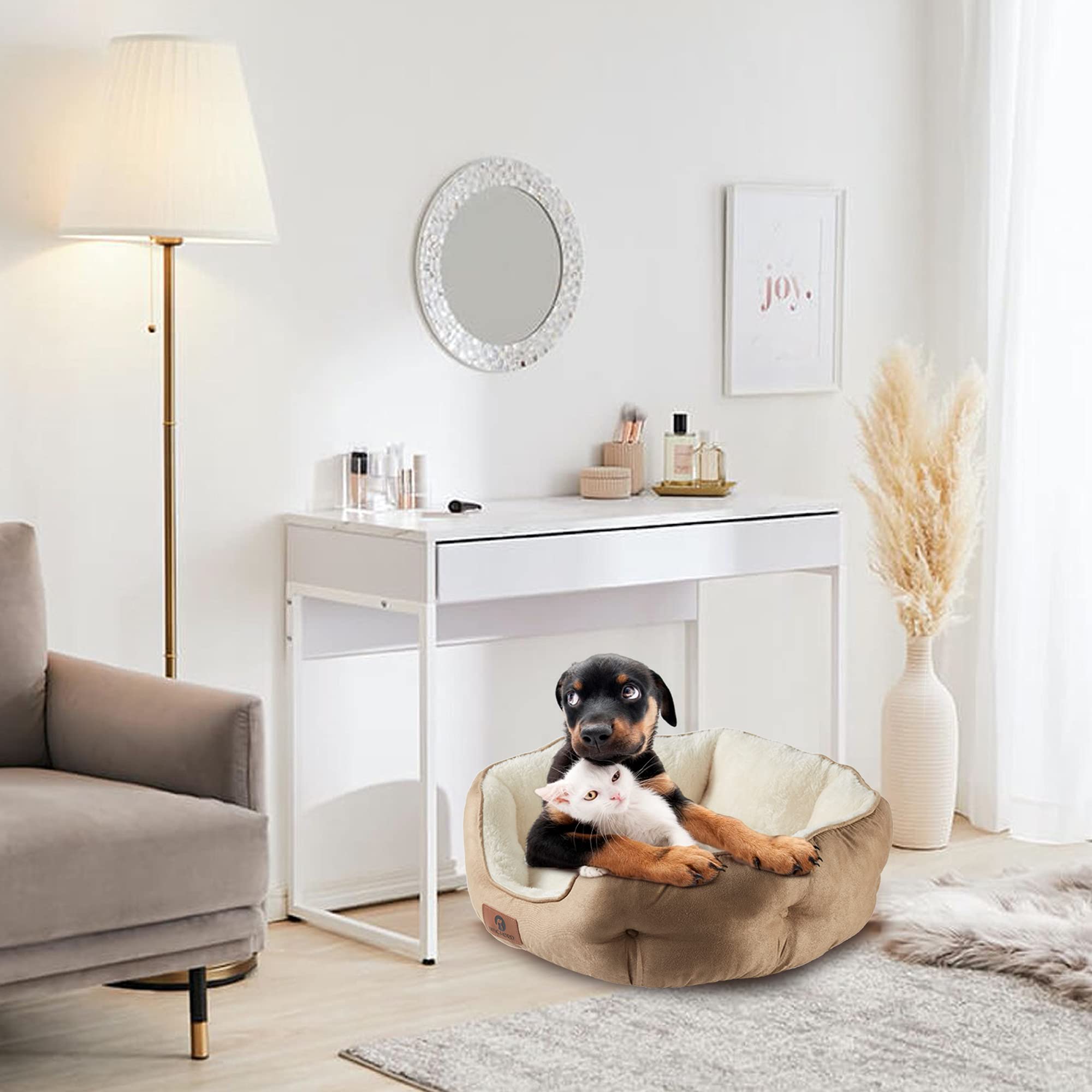 Asvin-light-brown-pet-bed-20in complements homes with a cozy resting spot.