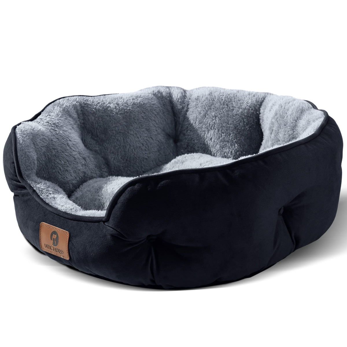 Asvin small dog bed with Sherpa soft-top for cozy lounging.