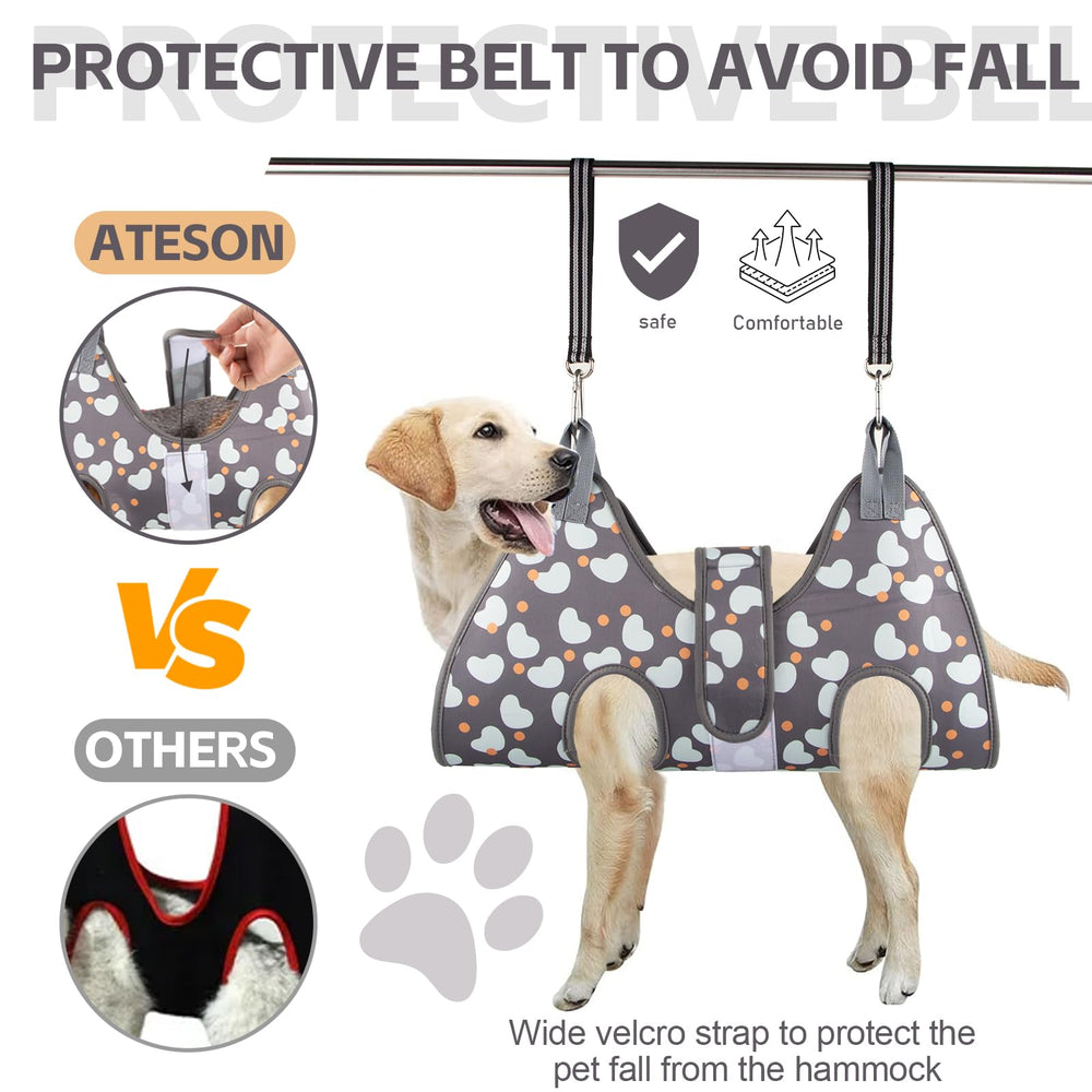 ATESON grooming hammock showing adjustable strap for secure positioning during grooming.