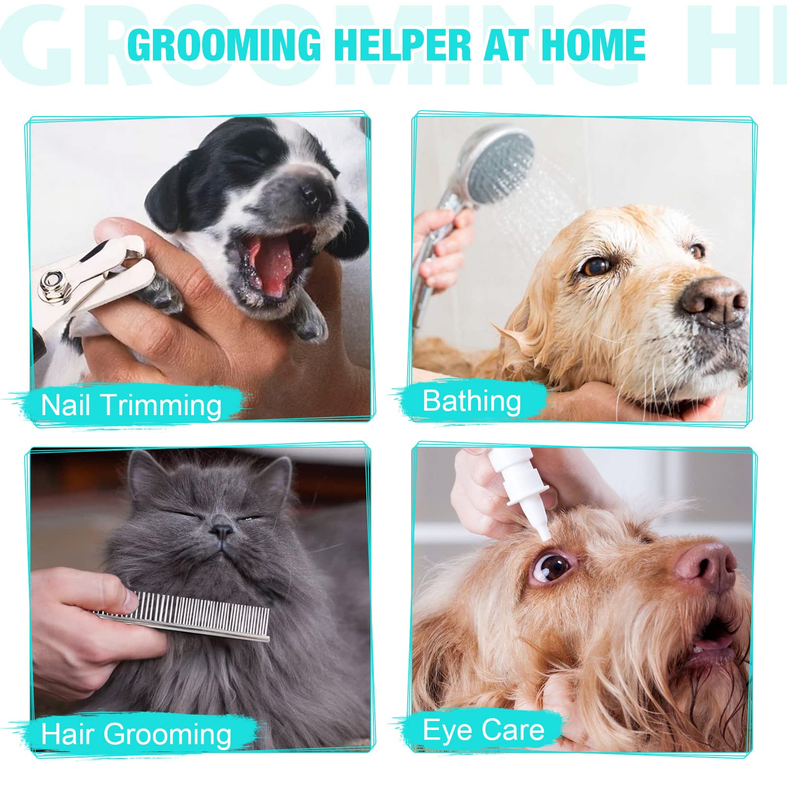 ATESON Size guide for dog grooming hammock showing leg spacing