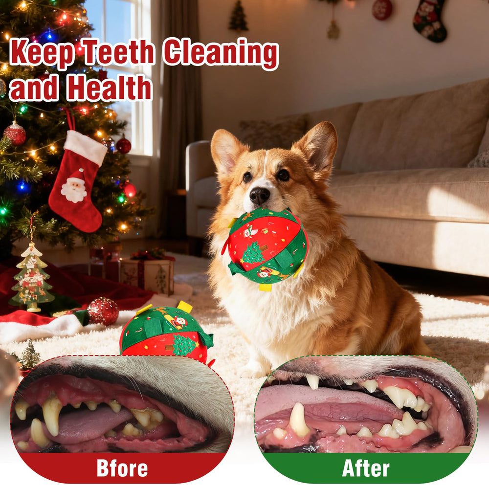 Atiansen Christmas Ball Dog Toy featuring Xmas tree and snowman pattern for holiday play.
