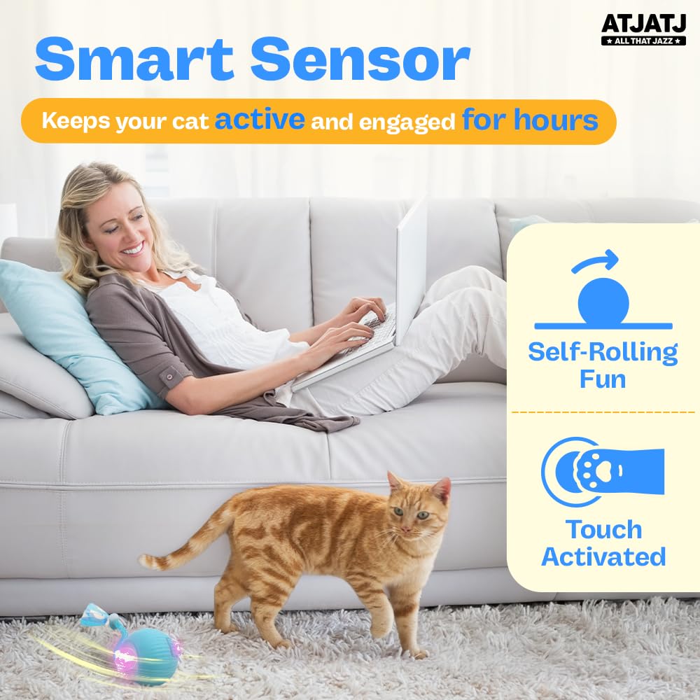 ATJATJ smart cat ball gliding on floor demonstrates smooth motion for self-play