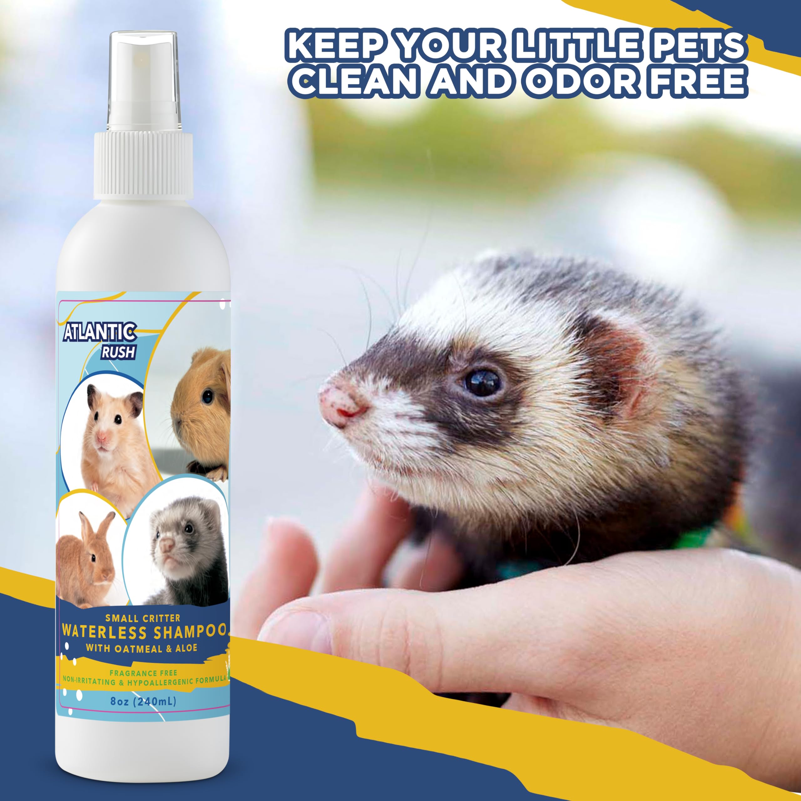 Atlantic Rush fragrance-free pet grooming scene shows calm, stress-free prep for small animals.