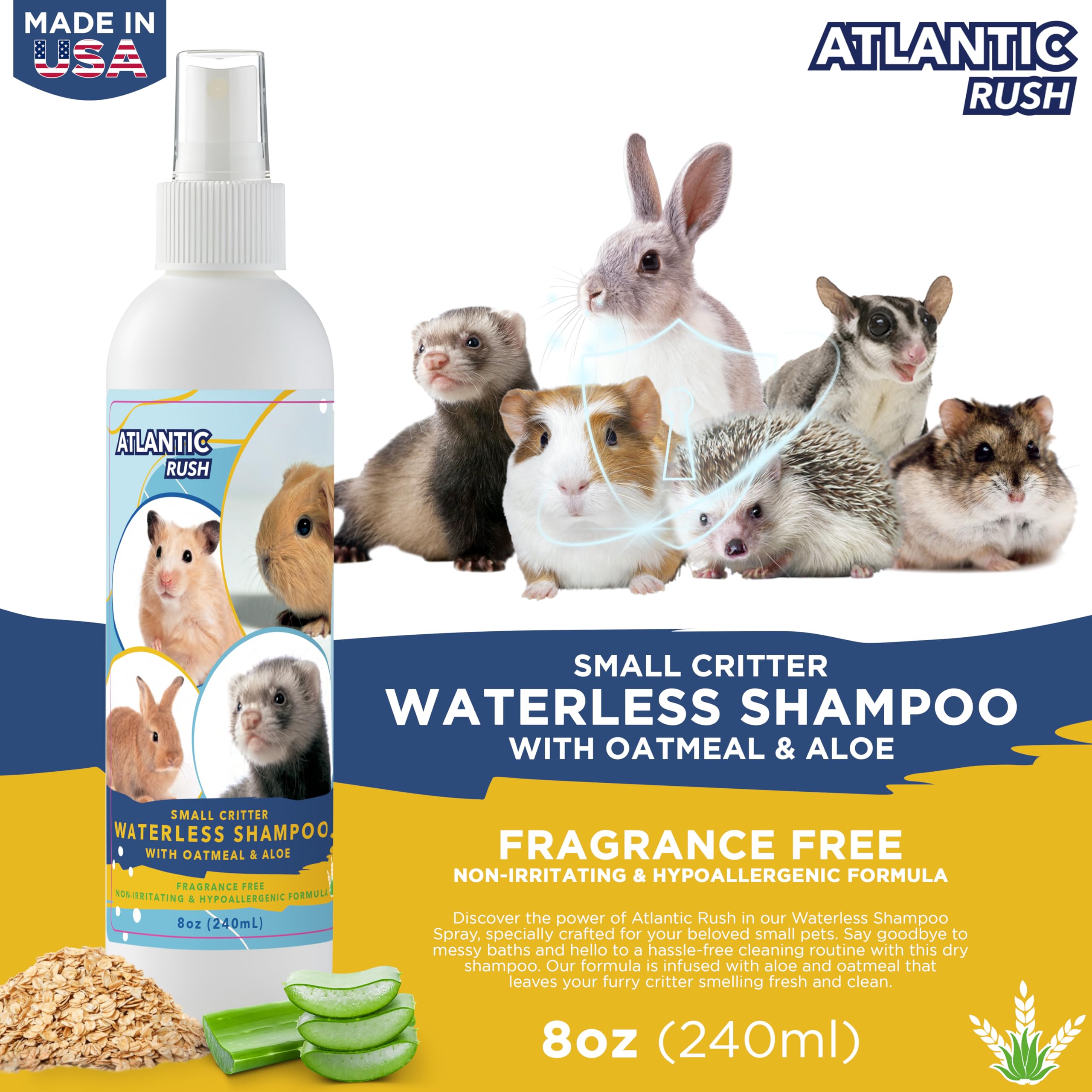 Atlantic Rush no-rinse small pet shampoo application demonstrates easy grooming without water mess.