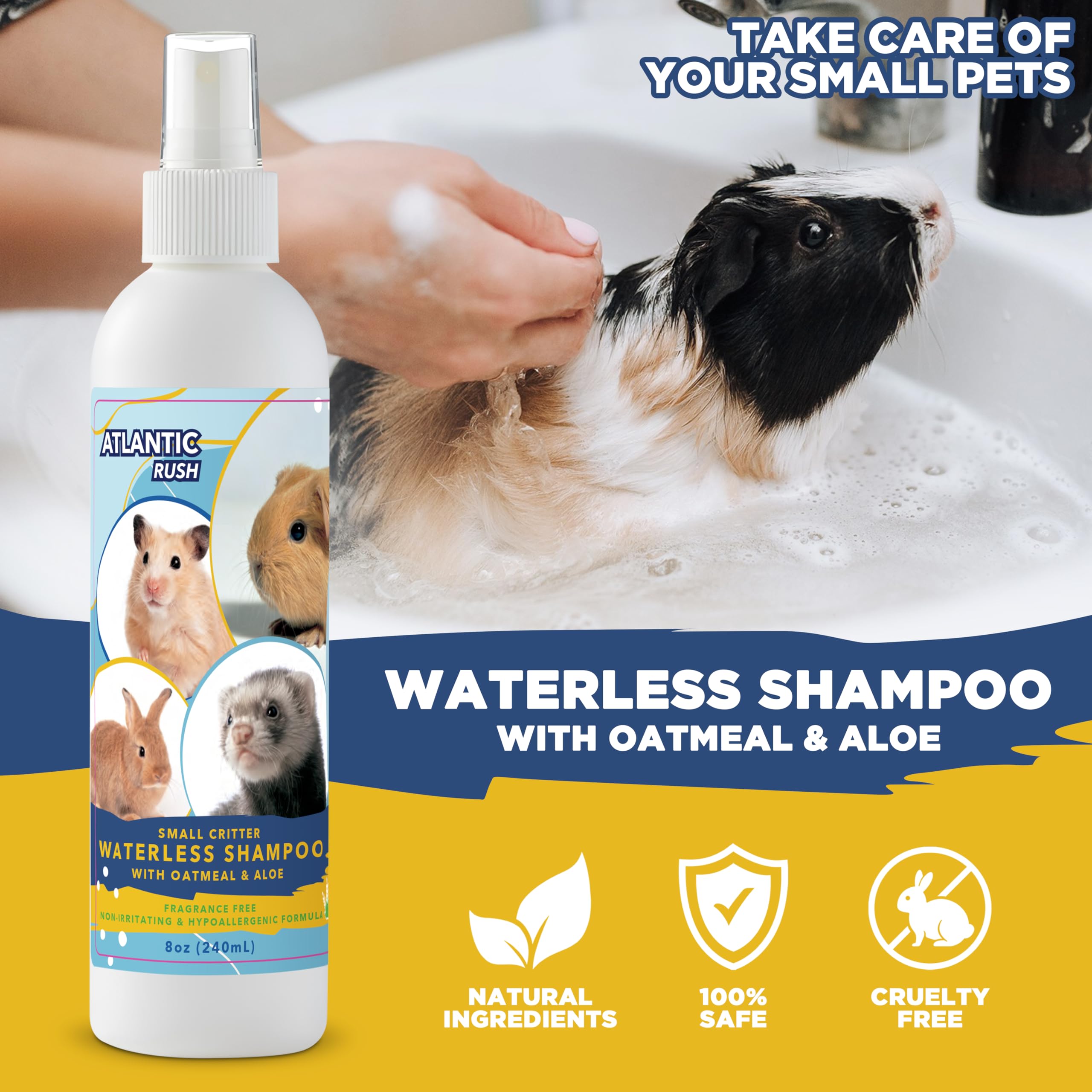 Atlantic Rush small pet dry shampoo packaging highlights 8 oz size and fragrance-free formula.
