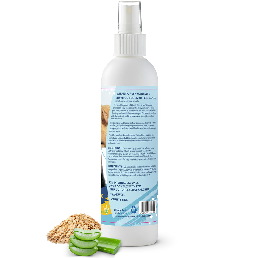Atlantic Rush waterless shampoo fragrance-free label highlighting fragrance-free cleaning option for pets.