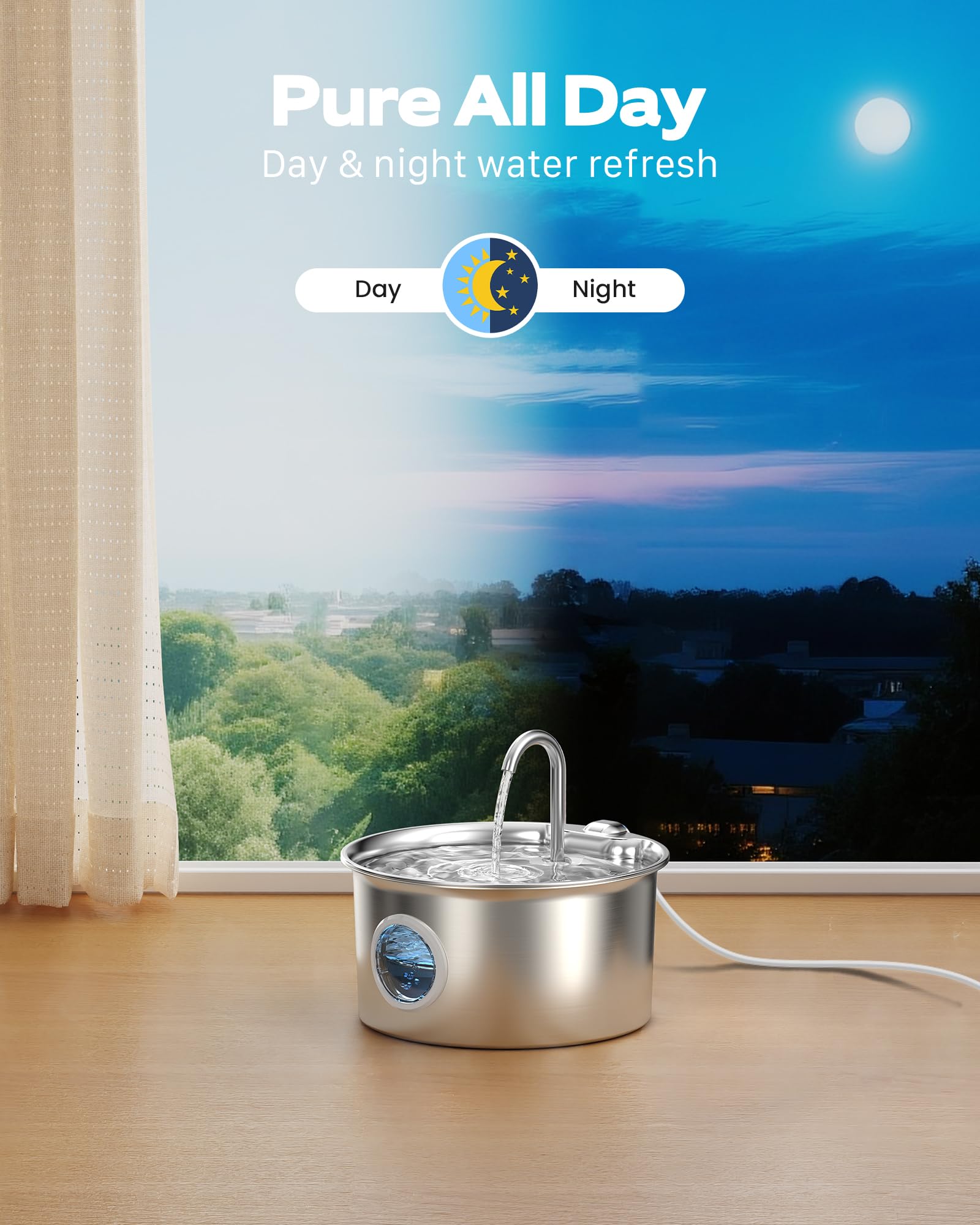 ATMZIQXR stainless steel fountain shows near-silent operation ideal for bedrooms and living spaces.