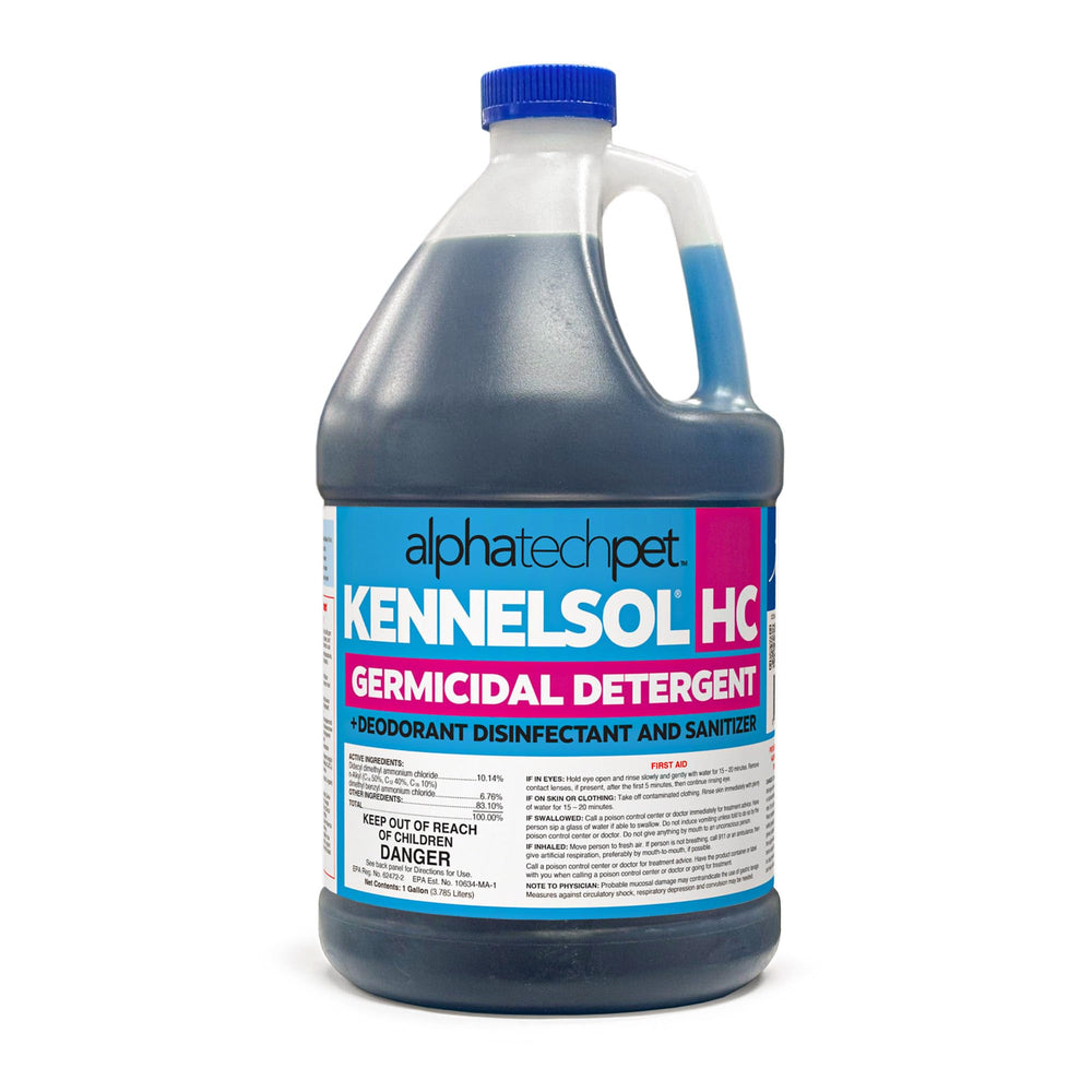 Alpha Tech Pet KennelSol HC bottle front view highlighting 3-in-1 cleaner, disinfectant, deodorizer for kennels