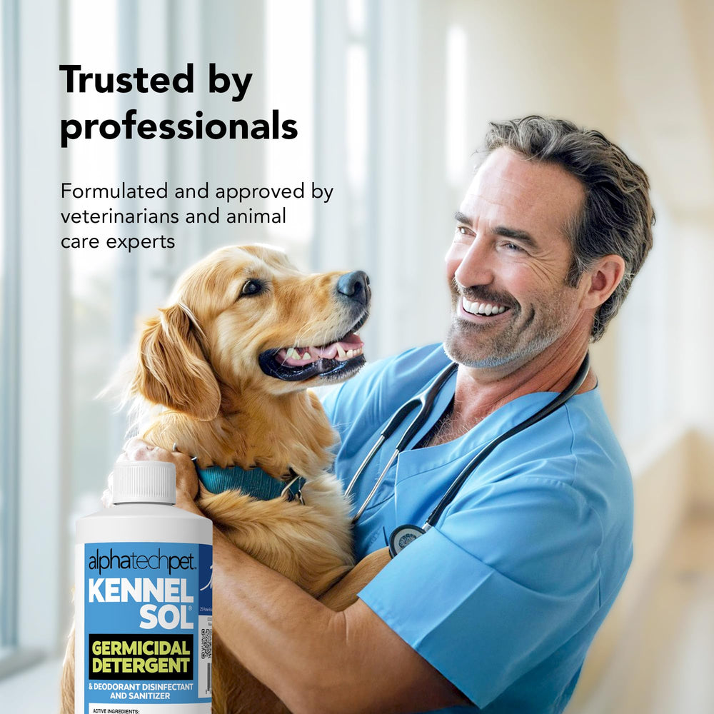 ATP KennelSol kennel-cleaning scene shows deodorizing and disinfecting on crates.