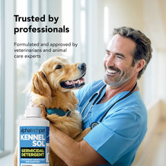 ATP KennelSol kennel-cleaning scene shows deodorizing and disinfecting on crates.