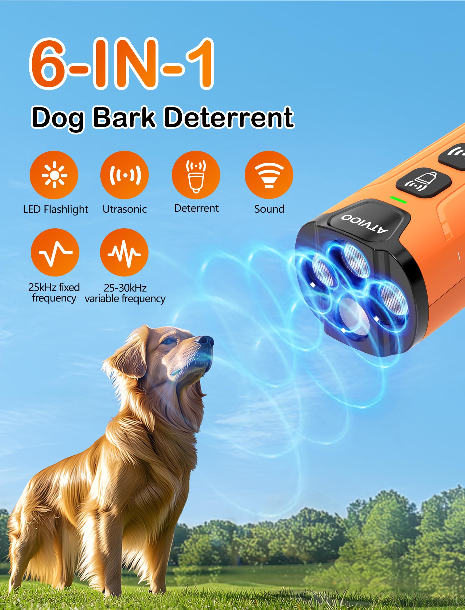 ATVIOO Dog Bark Deterrent device side view showing compact design for porch or yard use