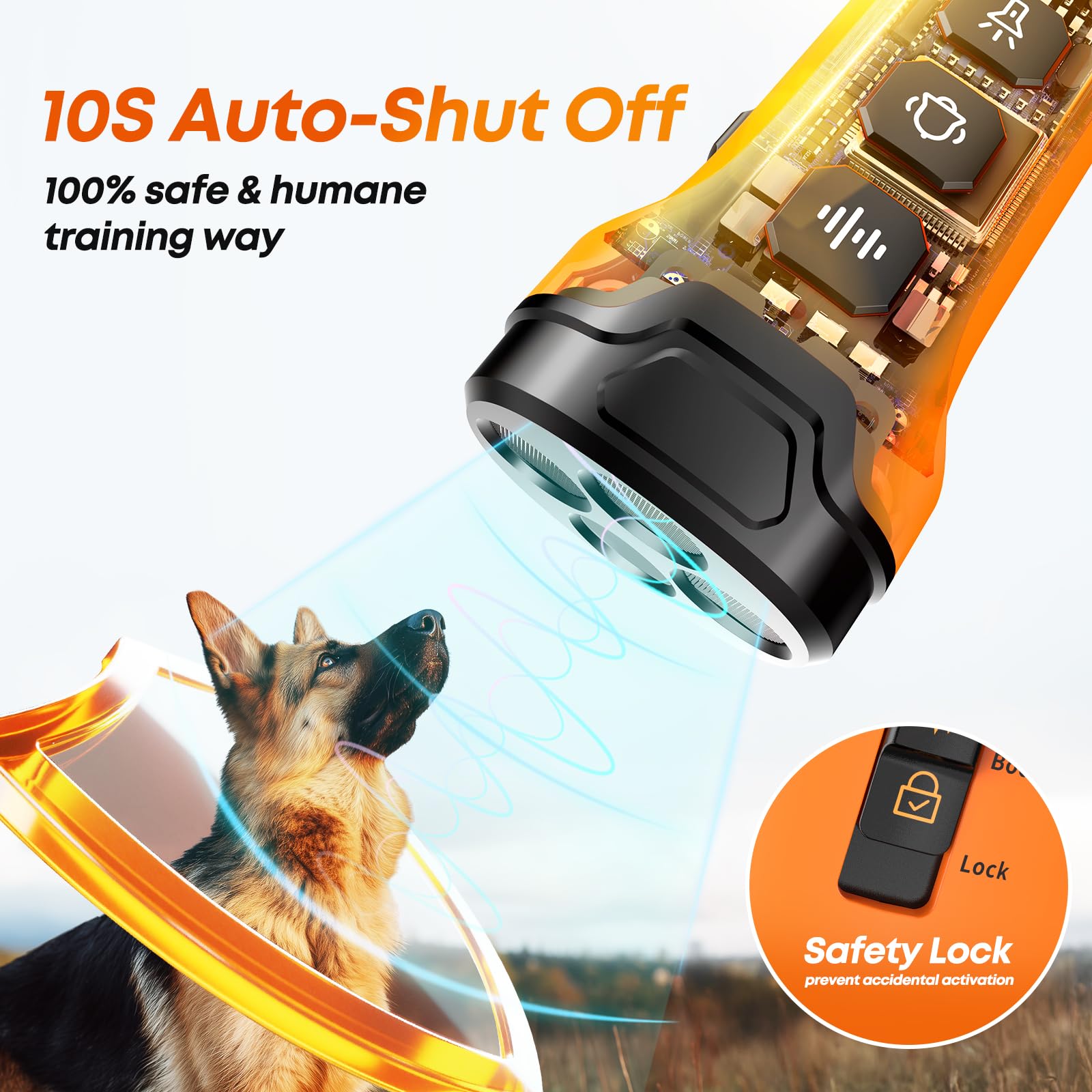 ATVIOO Dog Bark Deterrent safety lock emphasizes child-safe, secure operation.