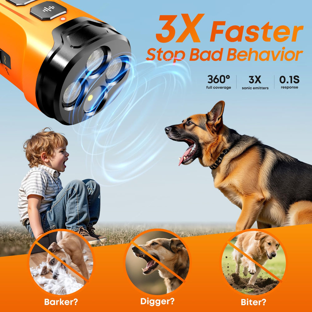 ATVIOO Dog Bark Deterrent side view demonstrates portable home and yard use.