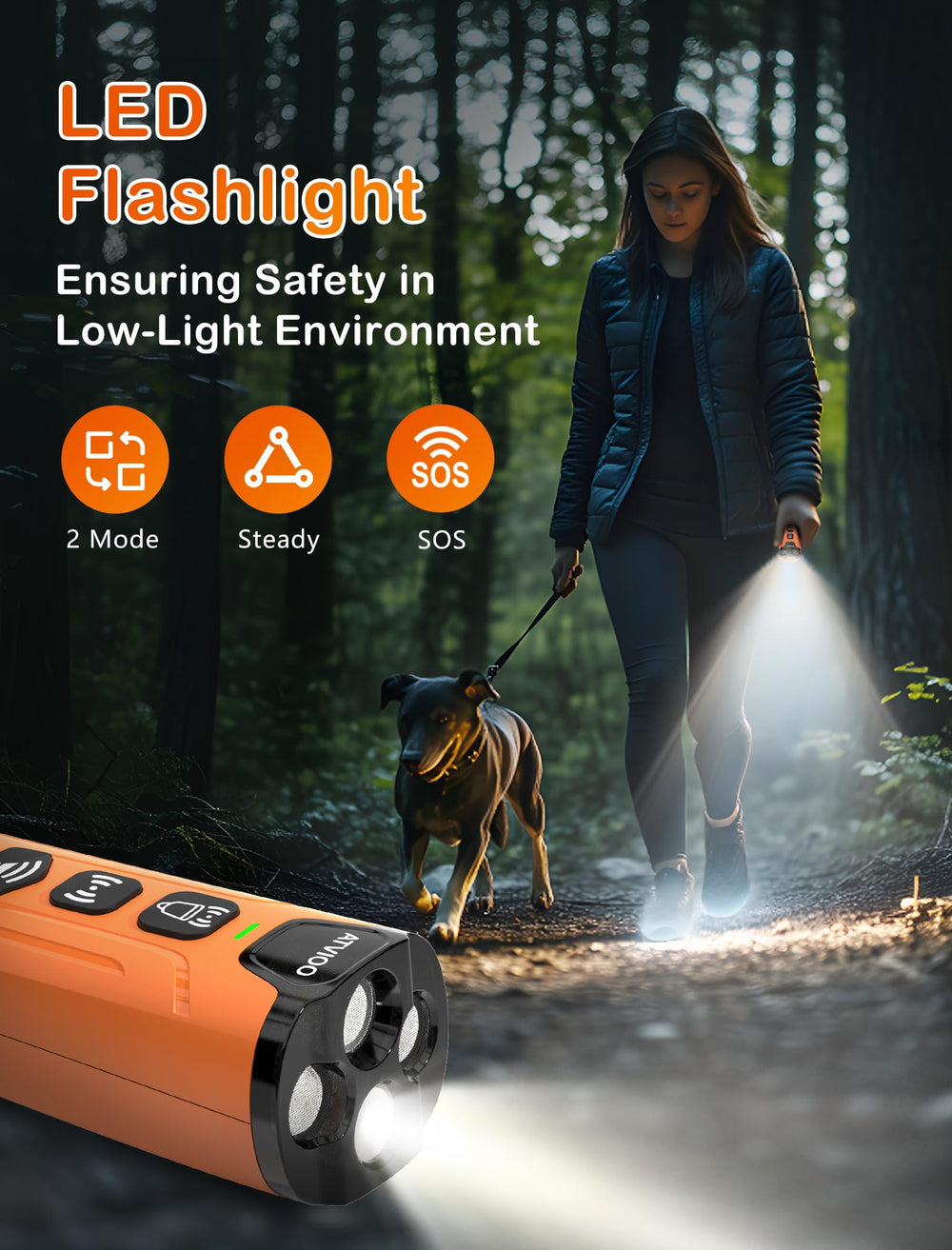 ATVIOO LED flashlight activation for nighttime safety on walks