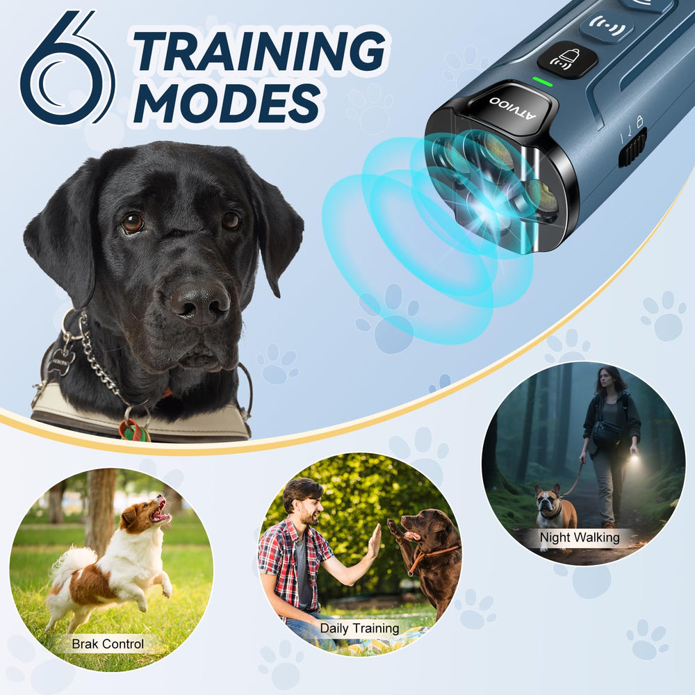 ATVIOO triple ultrasonic emitters illustration showing enhanced bark control for calmer homes