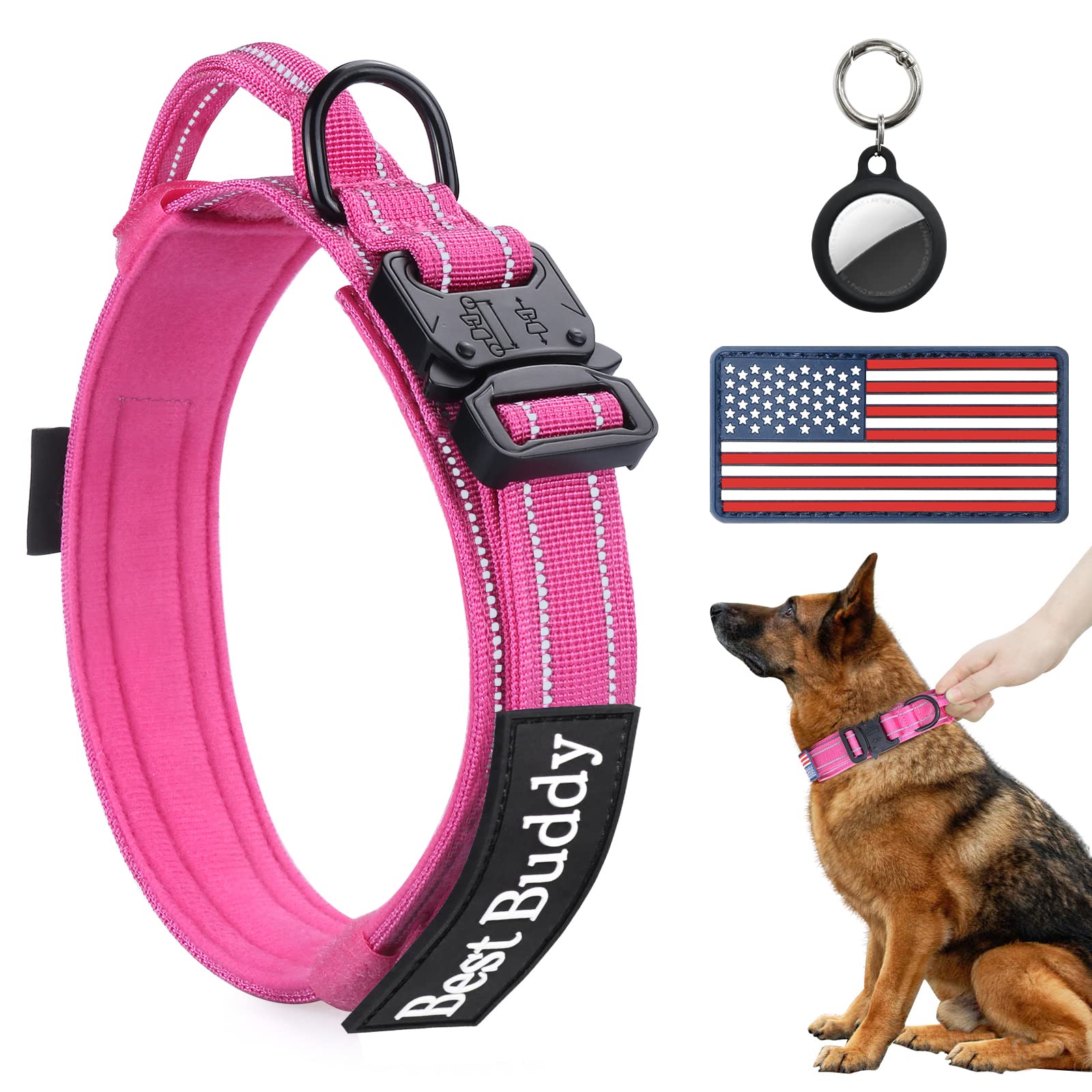 AUBELL reflective tactical dog collar with visible strap for night safety